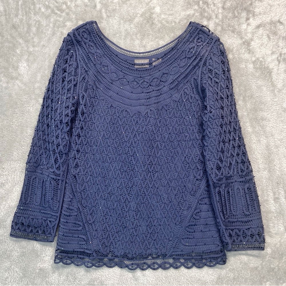 Sigrid Olsen 100% Silk Dressy Top Beaded Size M Blue Purple Knitted By Hand M